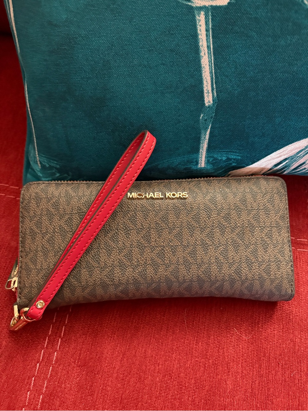 Michael Kors Brown Logo Wallet Wristlet with Red Strap
